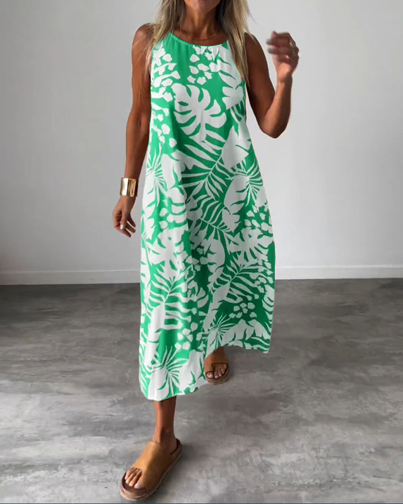 Anneleen™ | Elegante mouwloze jurk met bladprint