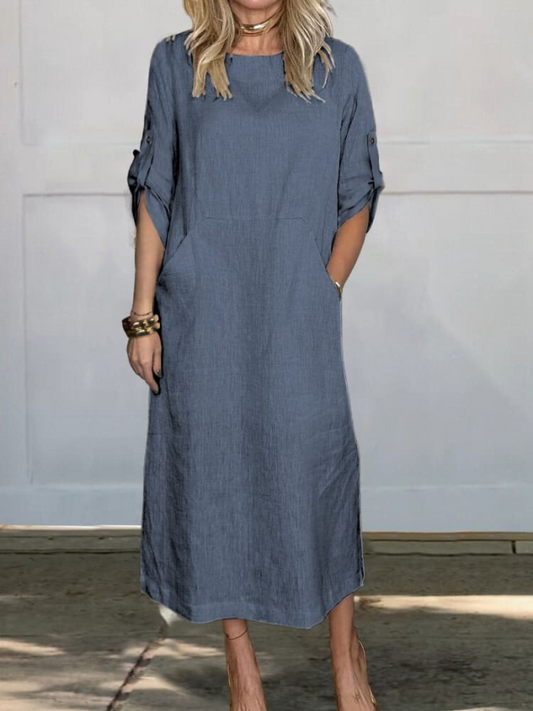 Comfortable plain linen dress with pockets for women