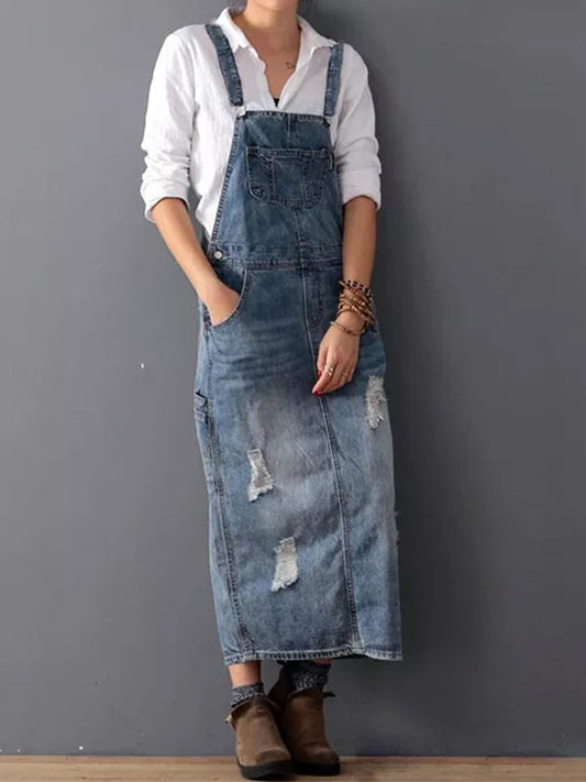 Denim dungaree dress with a slit at the back