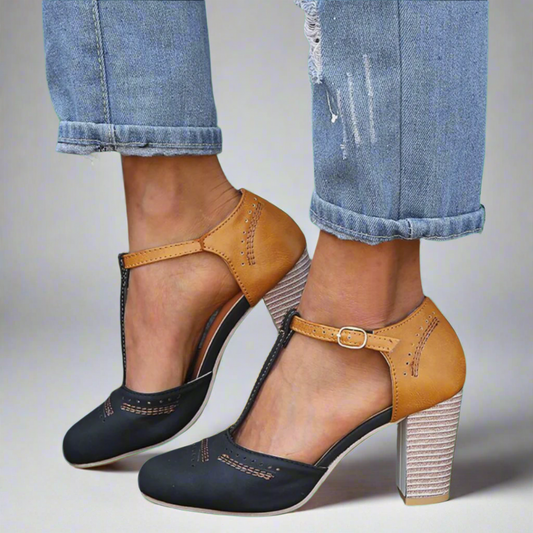 Violet | Color Blocked T-Strap Heels
