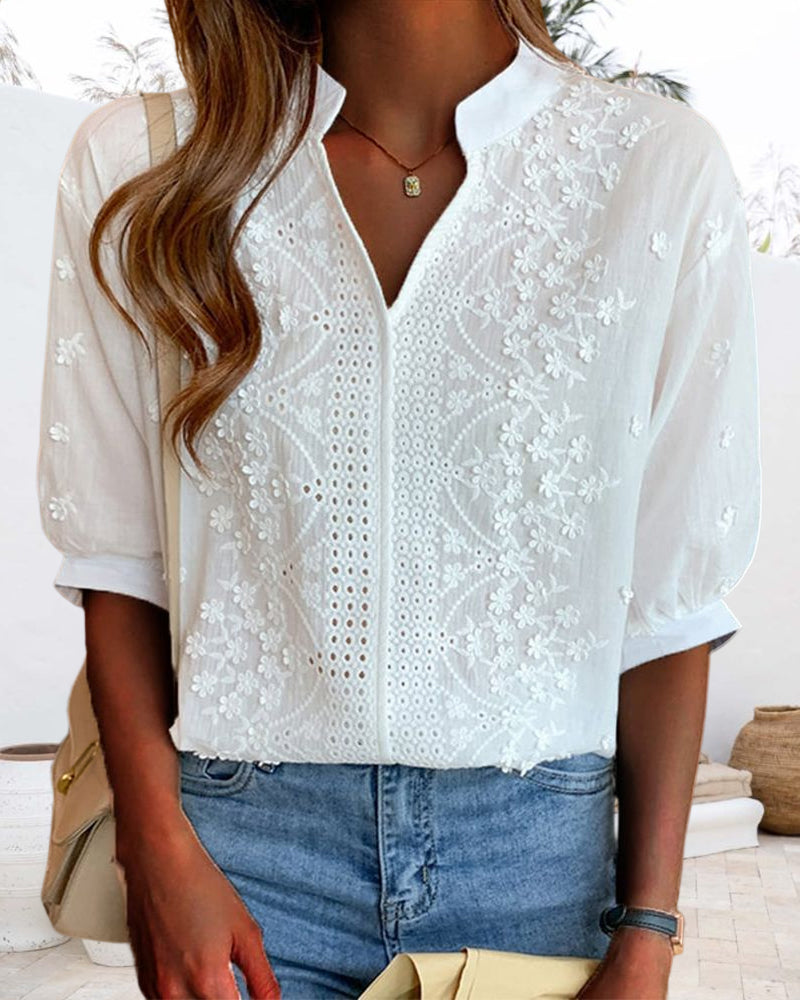 Claire | Elegant Embroidered V-Neck Blouse