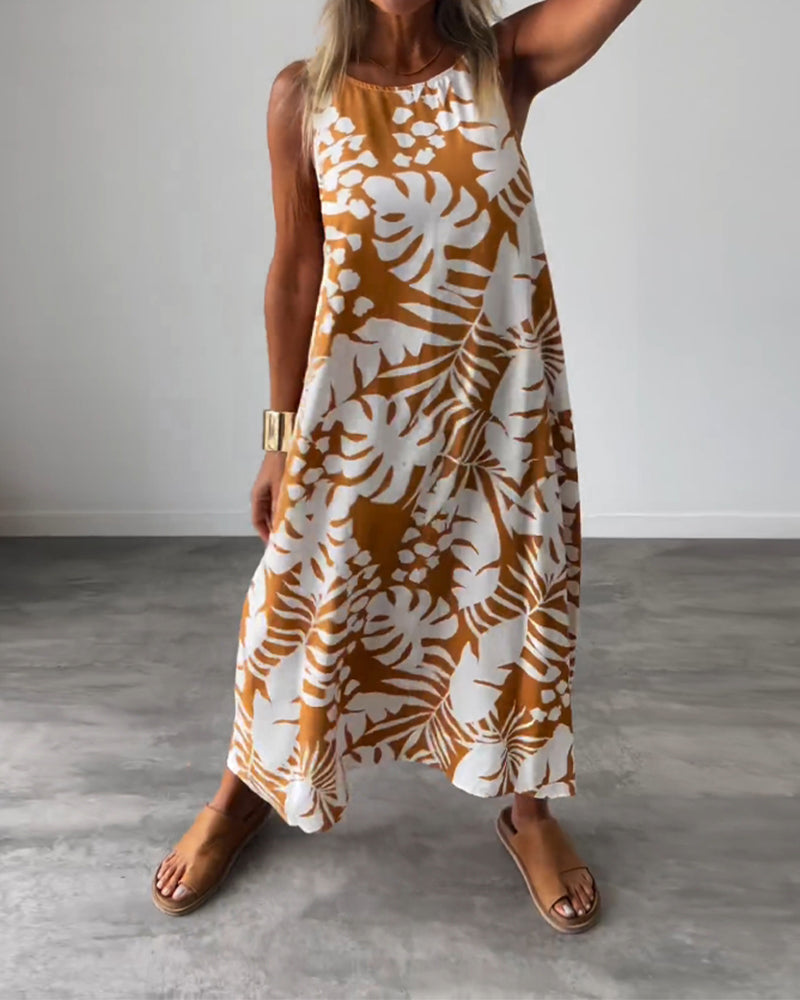 Anneleen™ | Elegant sleeveless dress with leaf print
