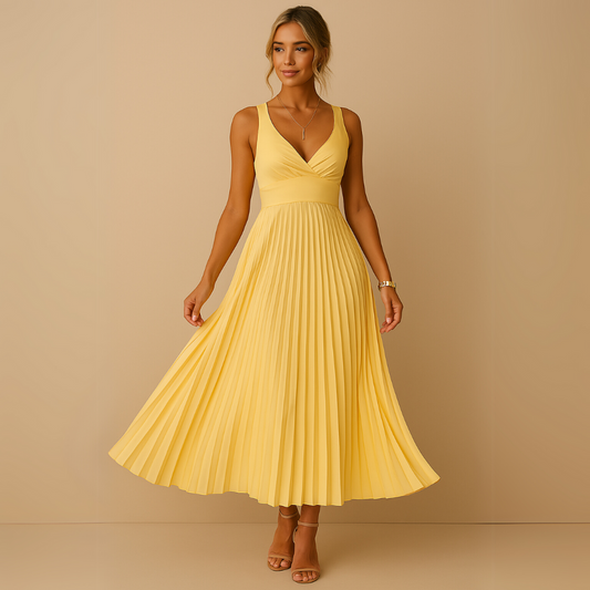Madelief™ | Yellow Pleated V-Neck Dress