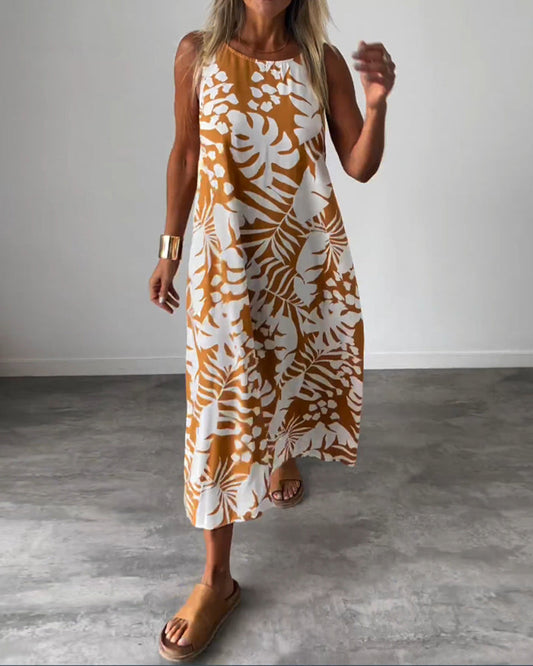 Anneleen™ | Elegant sleeveless dress with leaf print
