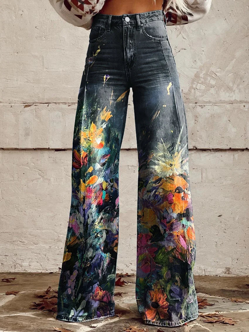 Teresa | Artistic Floral Print Wide-Leg Jeans
