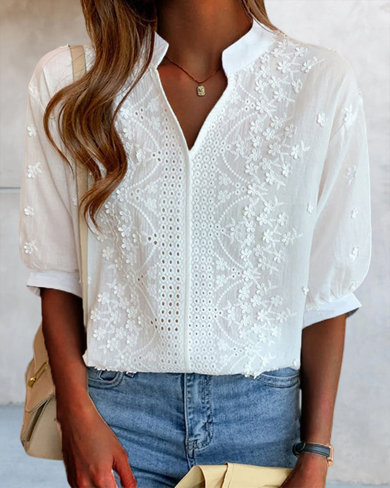 Claire | Elegant Embroidered V-Neck Blouse