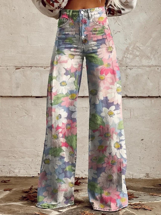 Bella | Floral Pattern Wide Leg Jeans