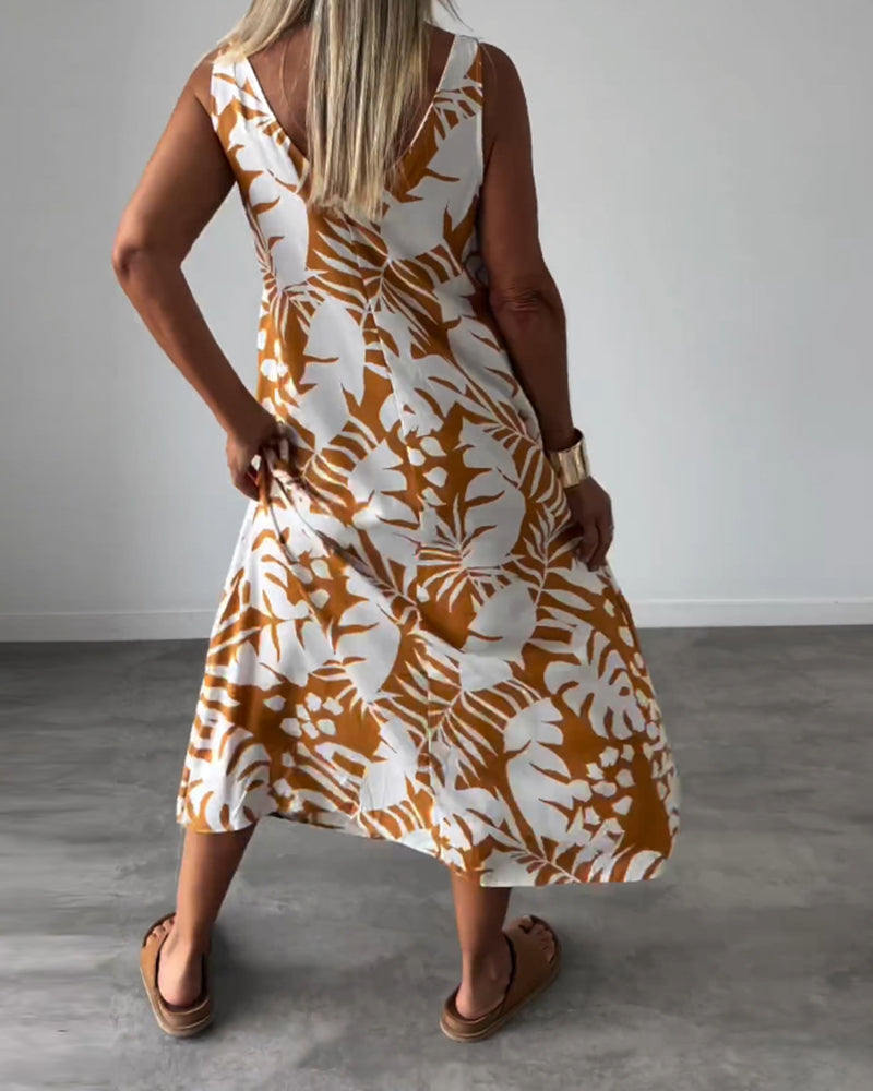 Anneleen™ | Elegant sleeveless dress with leaf print