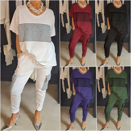 Round neck top and two-piece set with casual sequin pants
