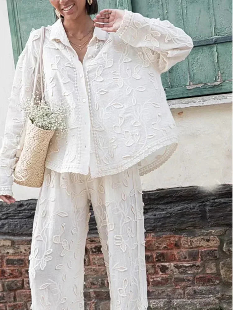 Elegant Embroidery Trouser Set with Long Sleeve Blouse