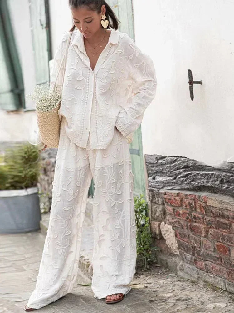 Elegant Embroidery Trouser Set with Long Sleeve Blouse
