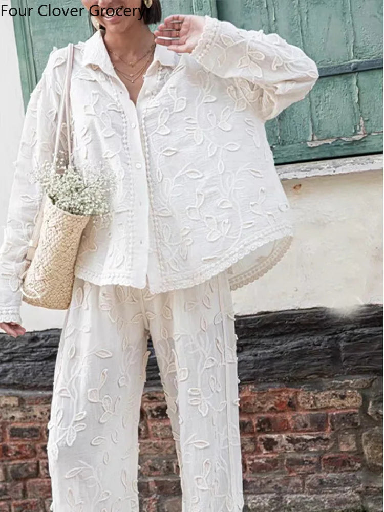 Elegant Embroidery Trouser Set with Long Sleeve Blouse