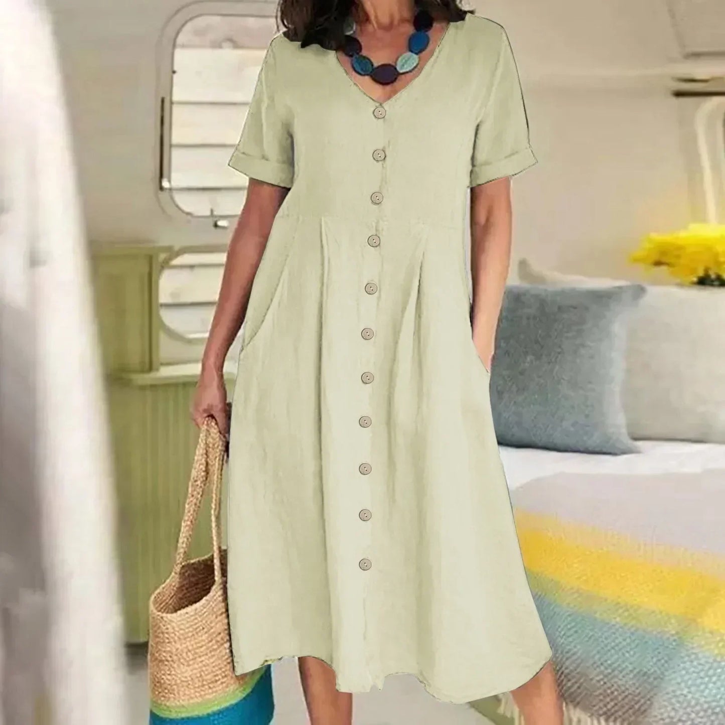 Sophie™ - Retro V-Neck Cotton Linen Loose Summer Dress