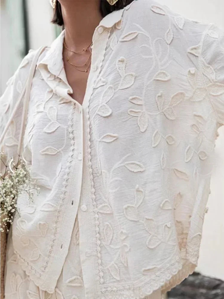 Elegant Embroidery Trouser Set with Long Sleeve Blouse