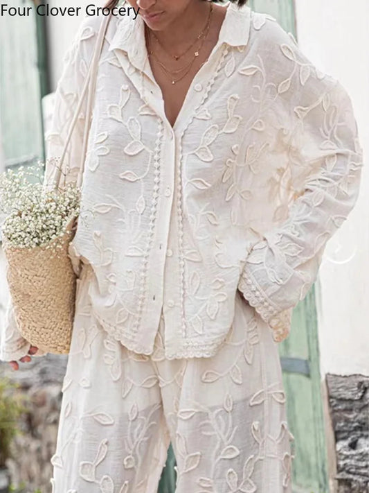 Elegant Embroidery Trouser Set with Long Sleeve Blouse