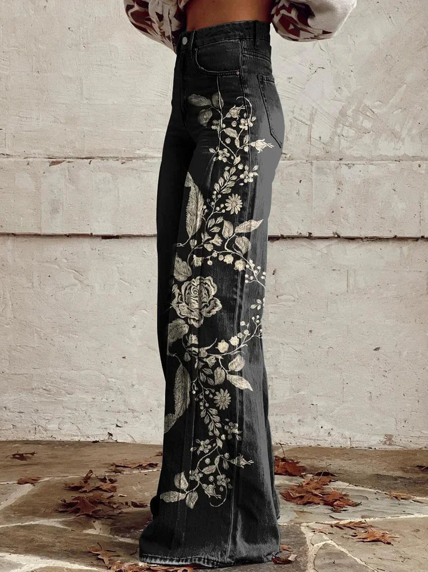 Whitney | Elegant Floral Embroidered Wide Jeans