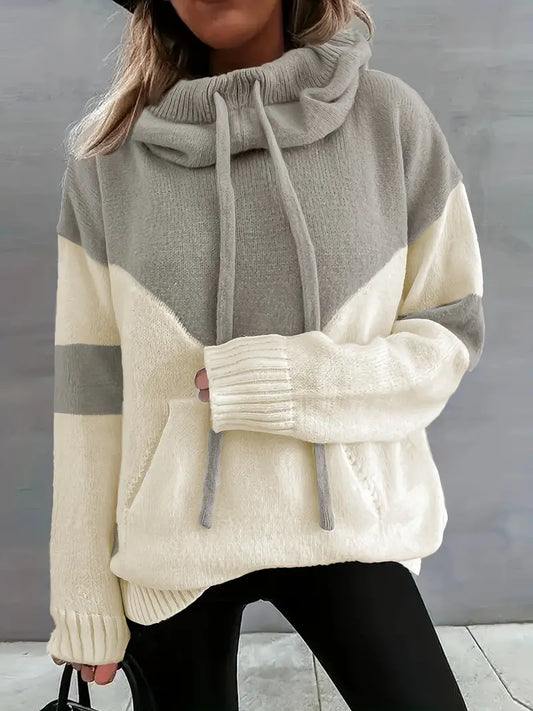 Pink color block sweater with drawstring and hood
