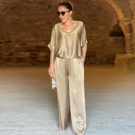 💃Elegant Shiny Oversized Two Piece Set with V-Neck