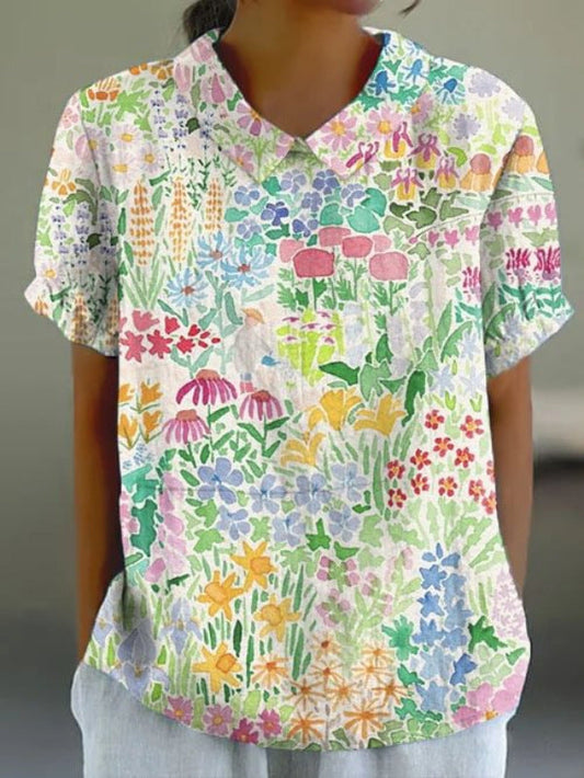 JANE™ | Cotton linen blouse with pastoral floral motif