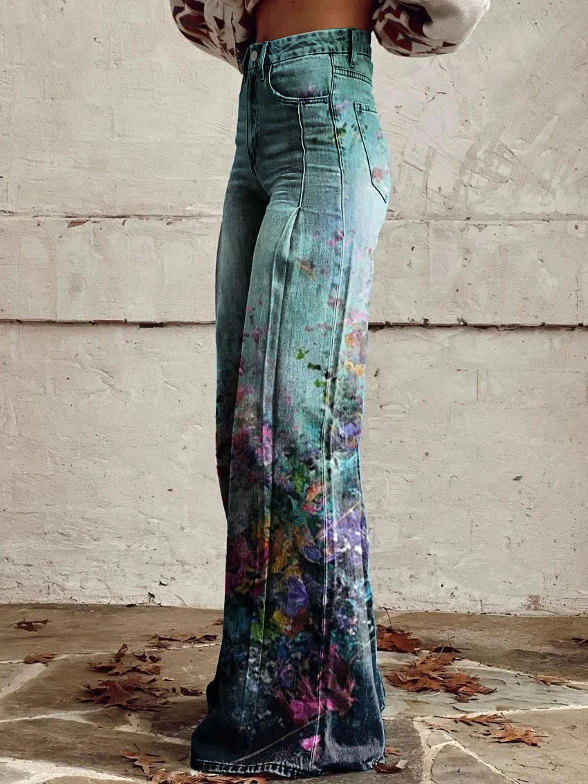 Zora | Artistic Floral Wide-Leg Denim