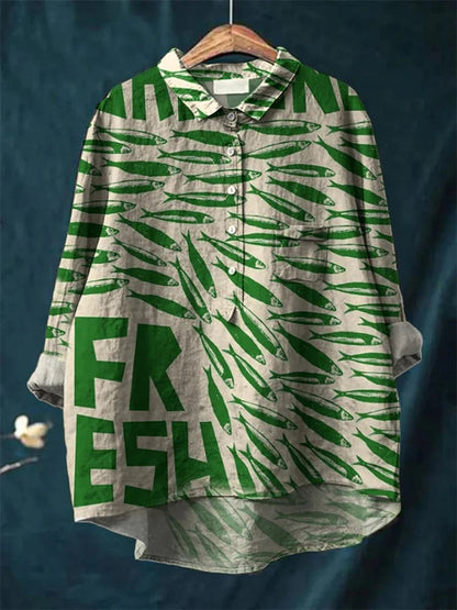 Sophia - Vintage Fish Sardines Art Print Cotton Linen Shirt