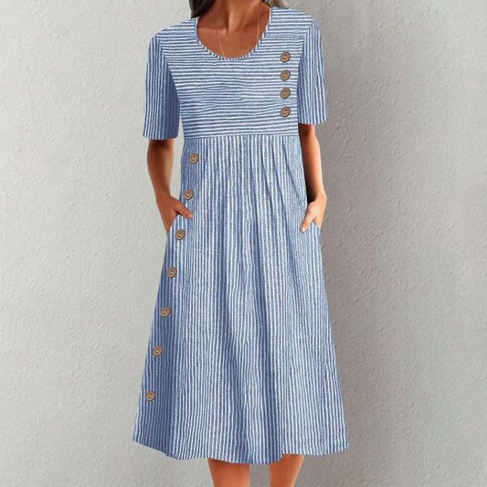 Callie | Classic Striped Button Midi Dress 