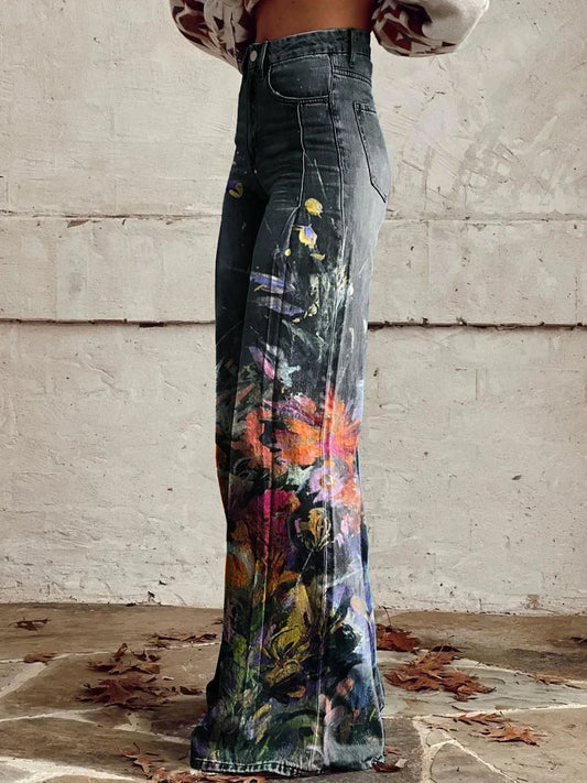 Teresa | Artistic Floral Print Wide-Leg Jeans