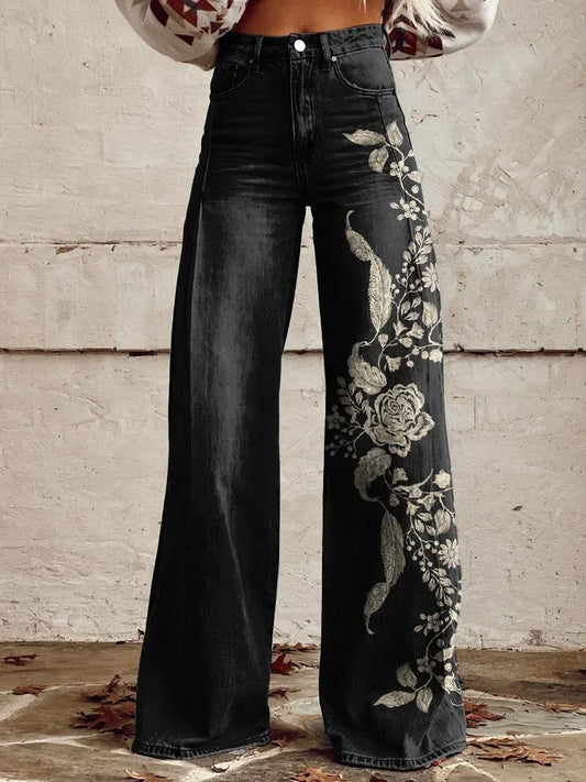 Whitney | Elegant Floral Embroidered Wide Jeans
