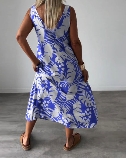 Anneleen™ | Elegante mouwloze jurk met bladprint