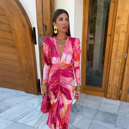 Annabelle | Deep V Abstract Midi Dress