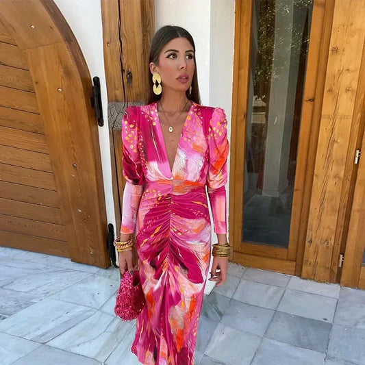 Annabelle | Deep V Abstract Midi Dress