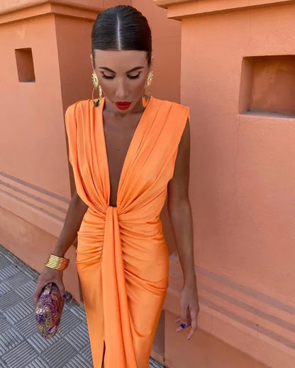 Amelia | Deep V Pleated Maxi Dress
