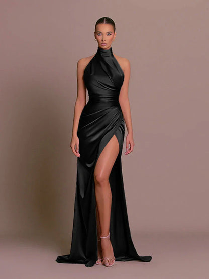 Anastasia | Halterneck Satin Split Gown