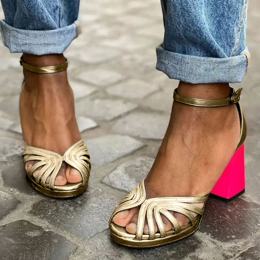 Victoria | Stylish Metallic Block-Heel Sandals