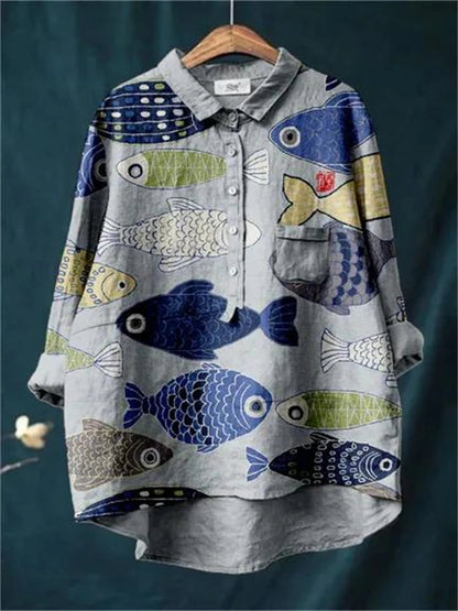 Sophia - Vintage Fish Sardines Art Print Cotton Linen Shirt