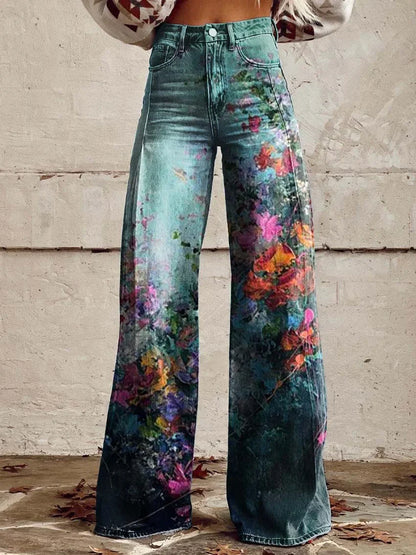 Zora | Artistic Floral Wide-Leg Denim