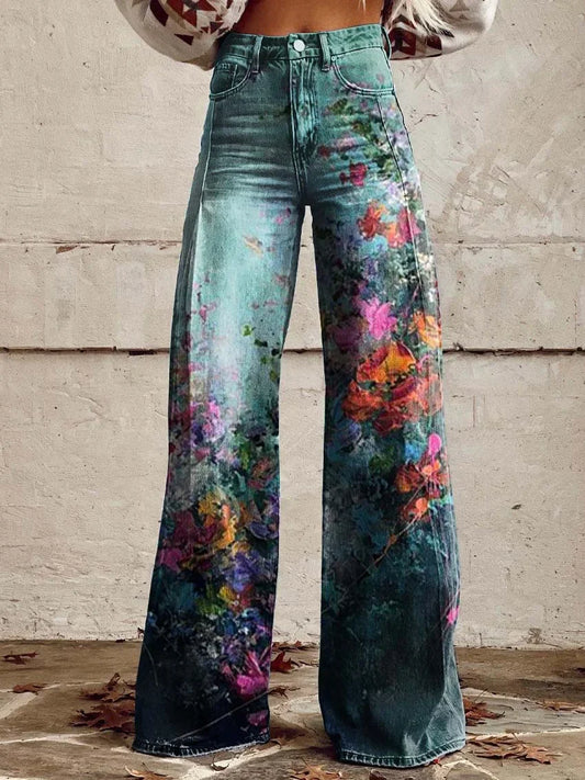 Zora | Artistic Floral Wide-Leg Denim